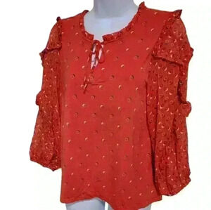 Maeve by Anthropologie Red Puffy Sleeve Tie Neck Top Size Small